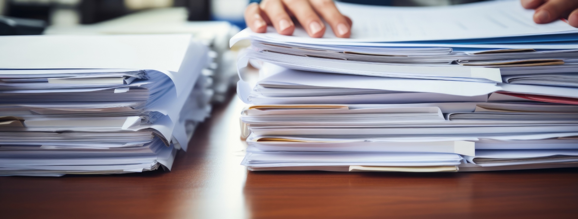 Stacks of paperwork on wooden desk